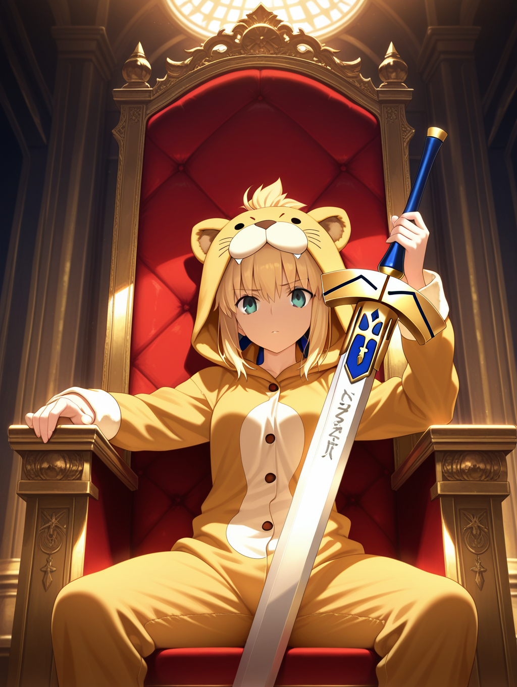 14224-70049245-cowboy shot, _1girl,holding sword, excalibur _(fate_stay night_), sword between thighs, _ lion pajamas, animal hood, sitting on.png